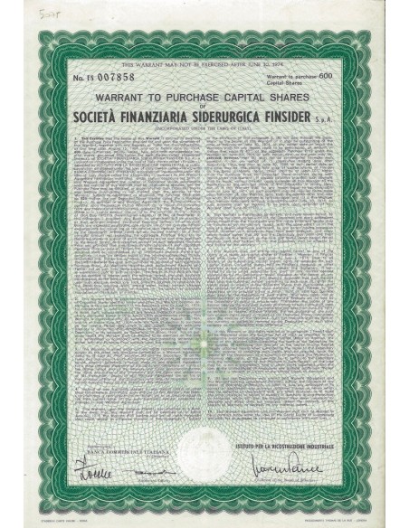 SOC. FIN. SIDERURGICA FINSIDER SPA - 600 WARRANT FOR STOCKS