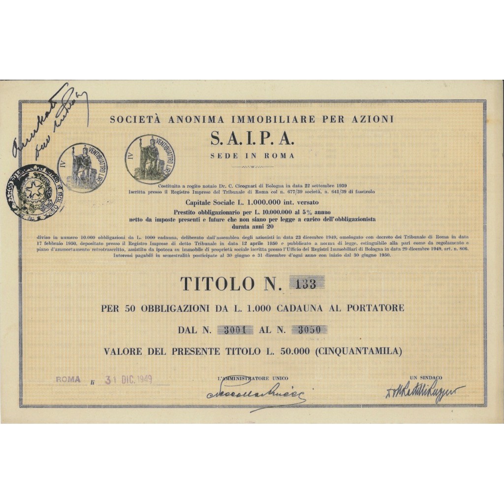 S.A.I.P.A. 50 OBBLIGAZIONI ROMA 1949