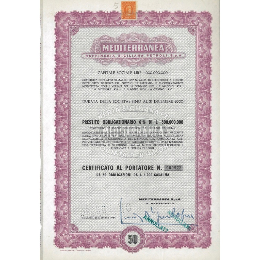 MEDITERRANEA RAFF. SICILIANA PETROLI SPA 50 OBB. MILANO 1960
