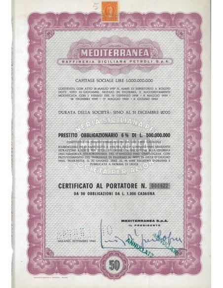 MEDITERRANEA RAFF. SICILIANA PETROLI SPA 50 OBB. MILANO 1960