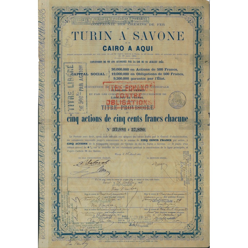 TURIN A SAVONE CAIRO A AQUI AZIONE DI FONDAZIONE TORINO 1862