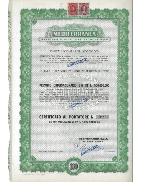 MEDITERRANEA RAFF. SICILIANA PETROLI SPA 100 OBB. MILANO 1960