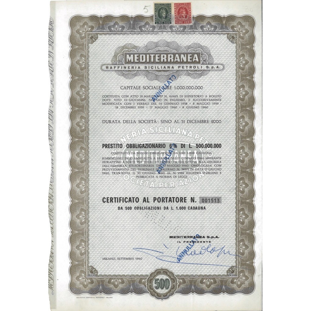 MEDITERRANEA RAFF. SICILIANA PETROLI SPA 500 OBB. MILANO 1960
