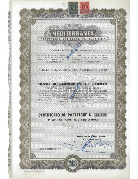 MEDITERRANEA RAFF. SICILIANA PETROLI SPA 500 OBB. MILANO 1960