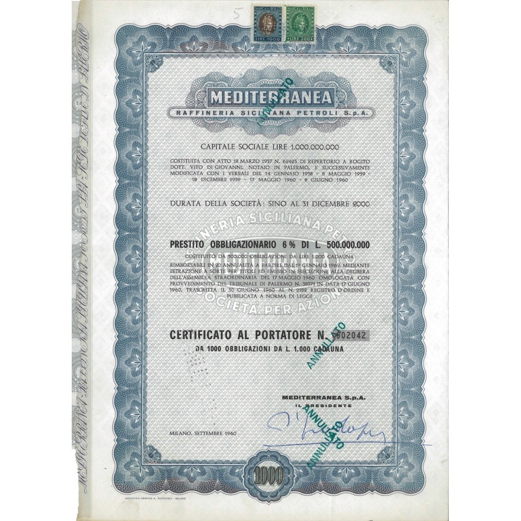MEDITERRANEA RAFF. SICILIANA PETROLI SPA 1000 OBB. MILANO 1960