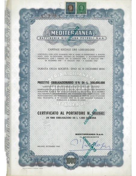 MEDITERRANEA RAFF. SICILIANA PETROLI SPA 1000 OBB. MILANO 1960