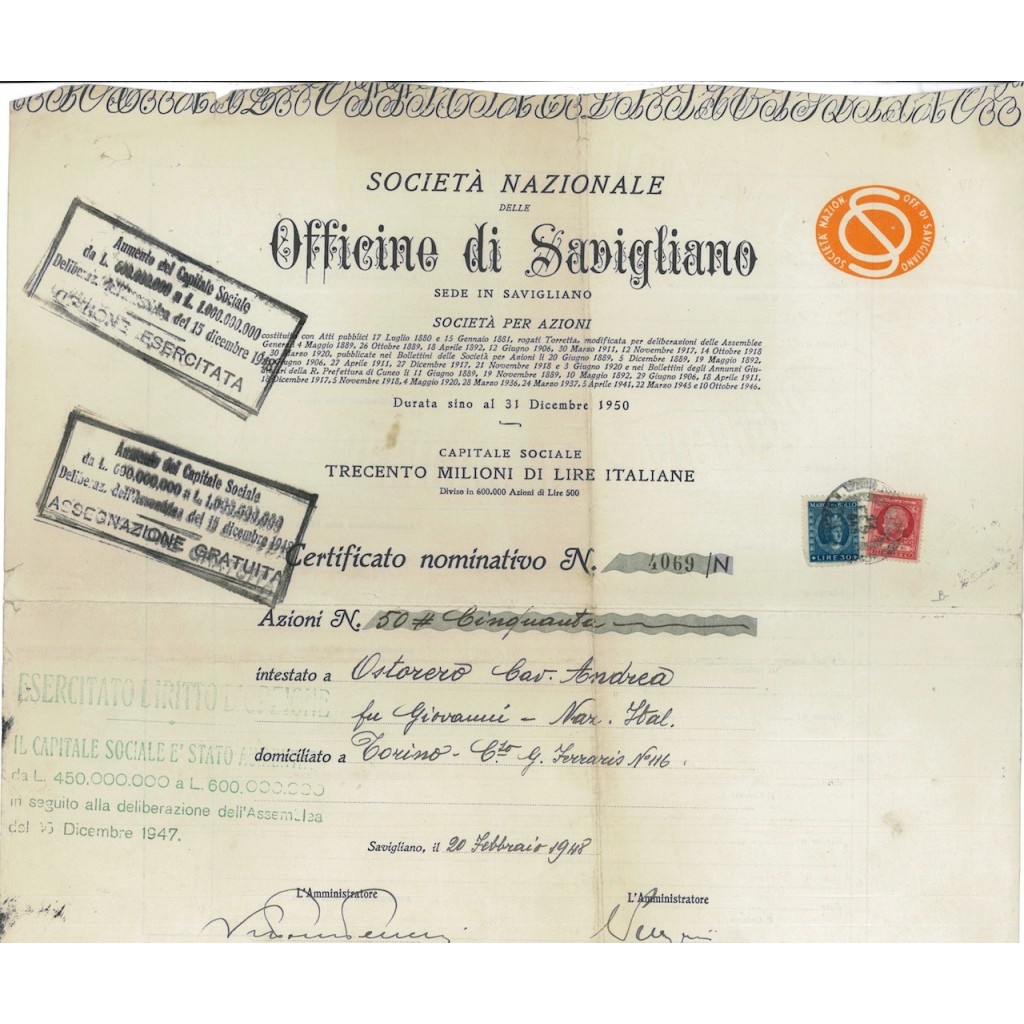 SOC. NAZ. OFFICINE DI SAVIGLIANO - AZIONI 1948