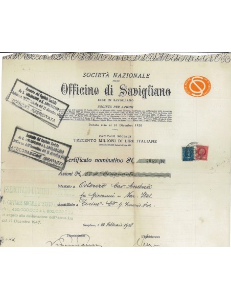 SOC. NAZ. OFFICINE DI SAVIGLIANO - AZIONI 1948