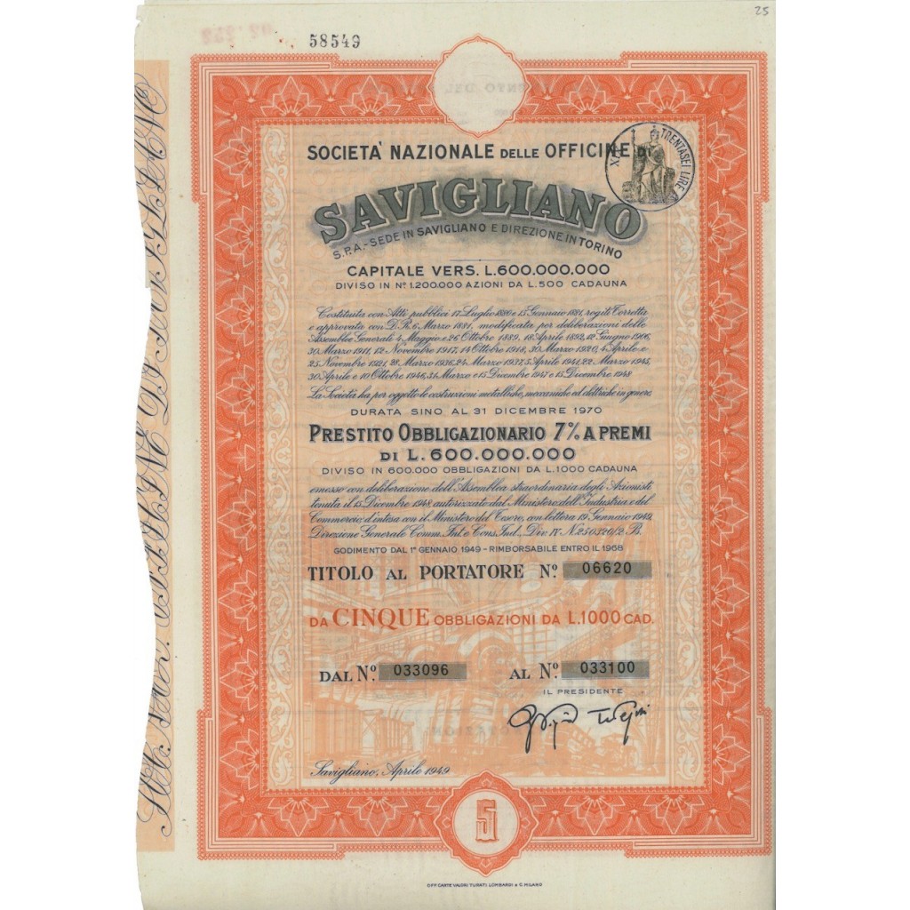 OFFICINE DI SAVIGLIANO - 5 OBBLIGAZ. 1949