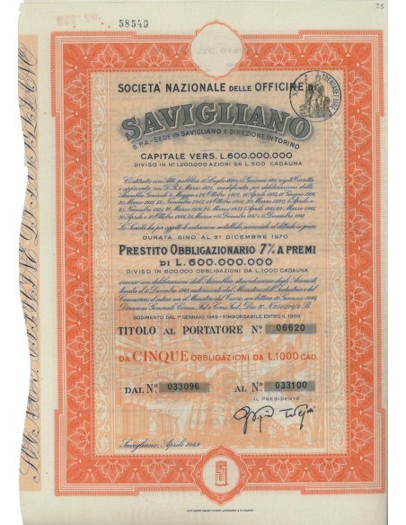 OFFICINE DI SAVIGLIANO - 5 OBBLIGAZ. 1949