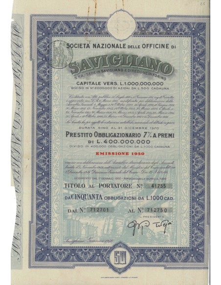 OFFICINE DI SAVIGLIANO - 50 OBBLIGAZ. 1950
