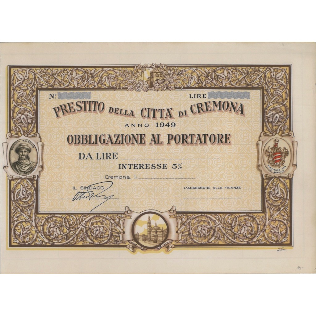 PRESTITO DELLA CITTA' DI CREMONA - OBBLIGAZIONE 1949