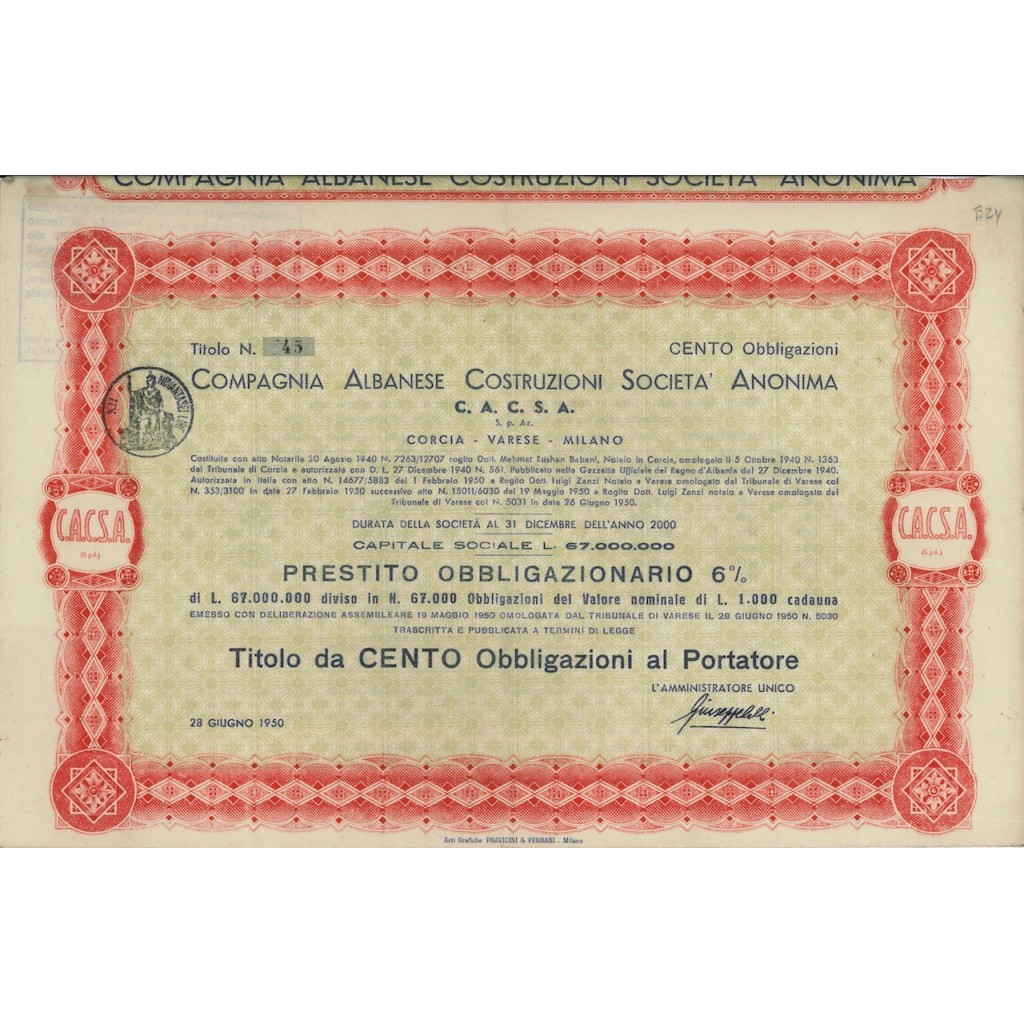 COMP. ALBANESE COSTR. SOC.ANON. 100 OBBLIGAZ. CORCIA 1950