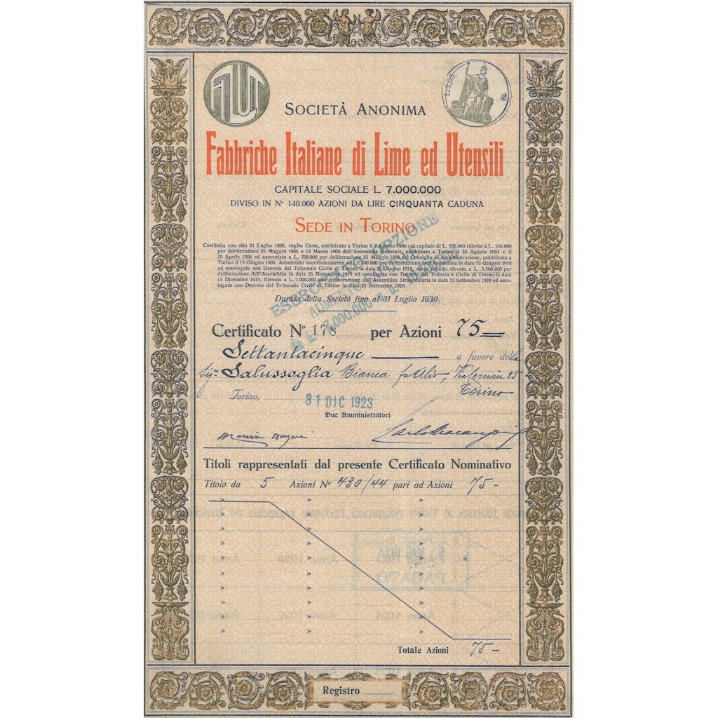SOC. ANON. FABBRICHE ITALIANE DI LIME ED UTENSILI 75 AZIONI TORINO 1923