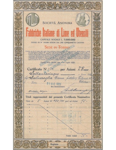 SOC. ANON. FABBRICHE ITALIANE DI LIME ED UTENSILI 75 AZIONI TORINO 1923