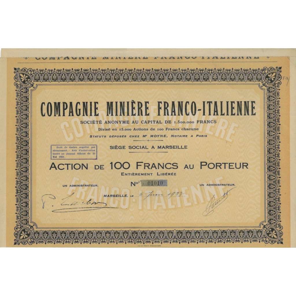 COMP. MINIERE FRANCO-ITALIENNE - 1 AZIONE MARSIGLIA 1923