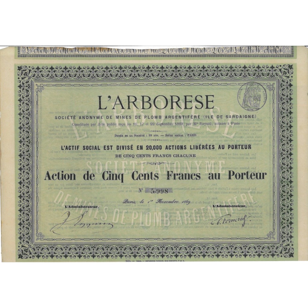 L'ARBORESE - 1 AZIONE DA 500 FRANCHI - PARIGI 1869