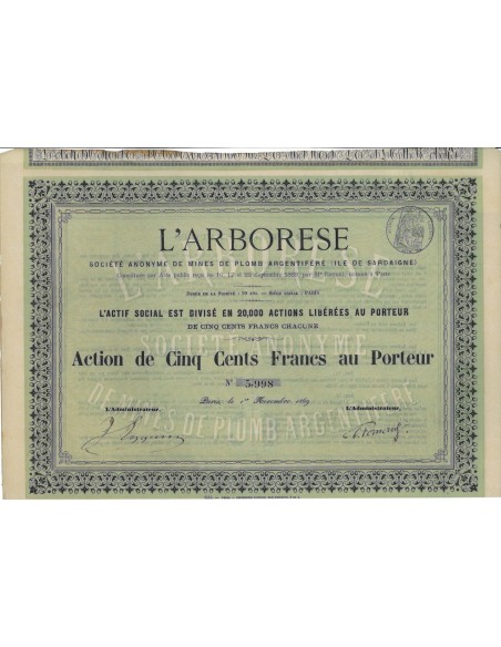 L'ARBORESE - 1 AZIONE DA 500 FRANCHI - PARIGI 1869