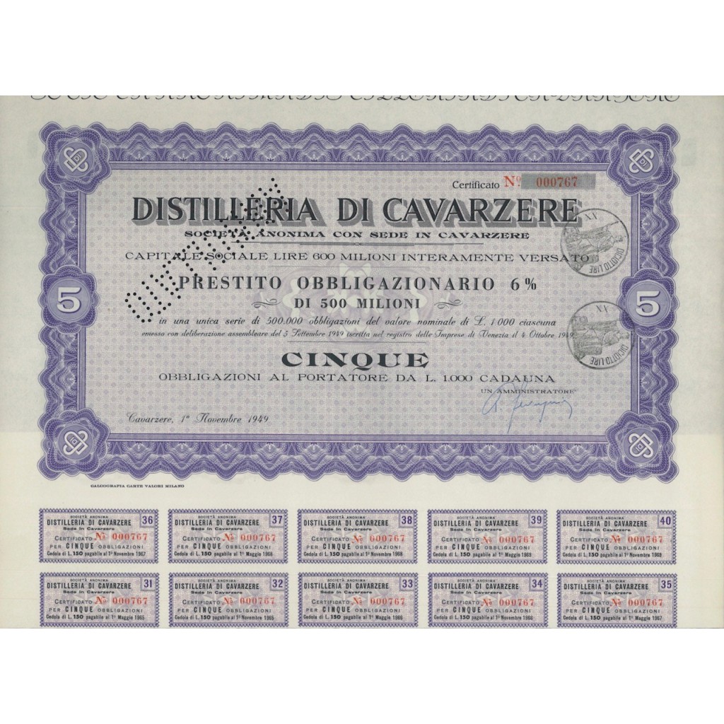 DISTILLERIE DI CAVARZERE - 5 OBBLIGAZ. CAVARZERE 1949