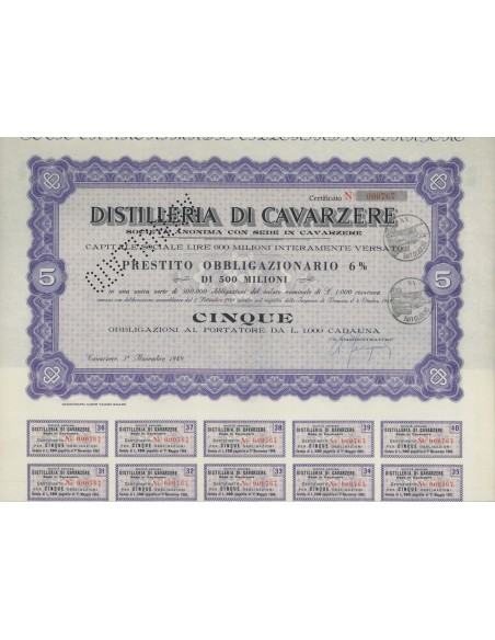 DISTILLERIE DI CAVARZERE - 5 OBBLIGAZ. CAVARZERE 1949