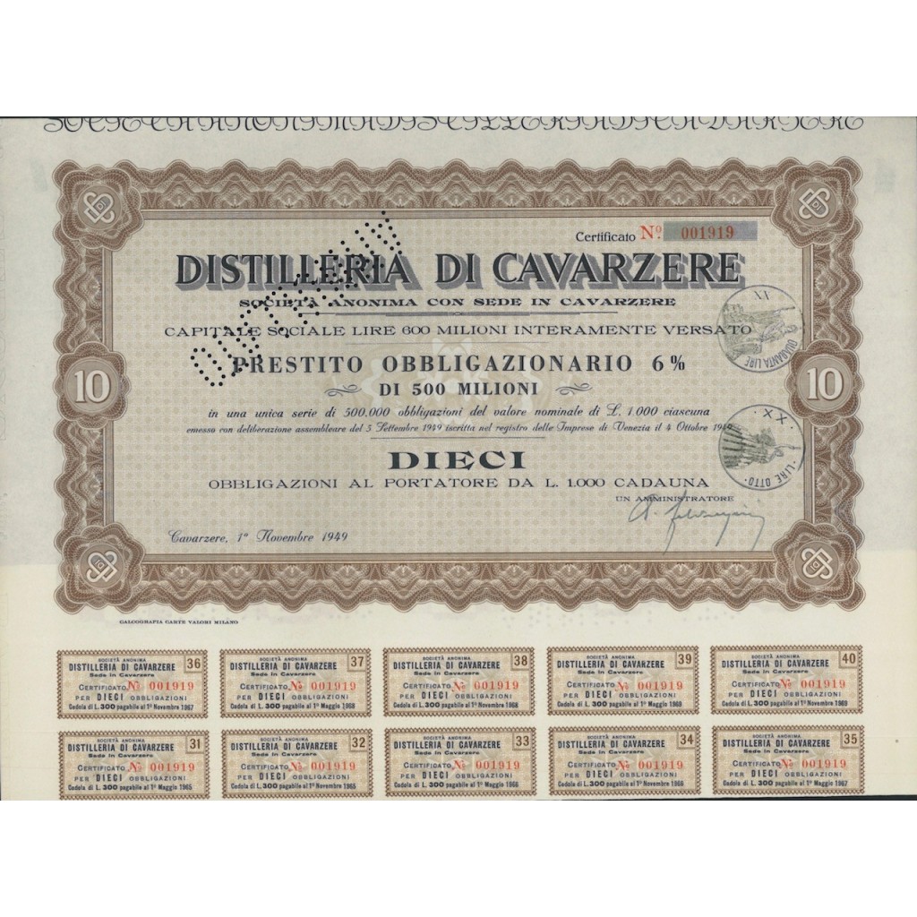 DISTILLERIE DI CAVARZERE - 10 OBBLIGAZ. CAVARZERE 1949