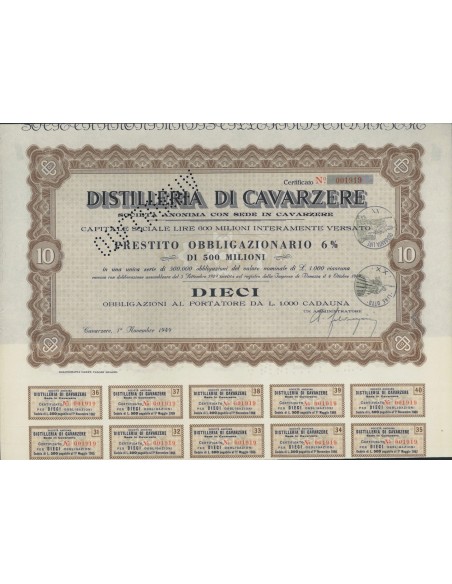 DISTILLERIE DI CAVARZERE - 10 OBBLIGAZ. CAVARZERE 1949