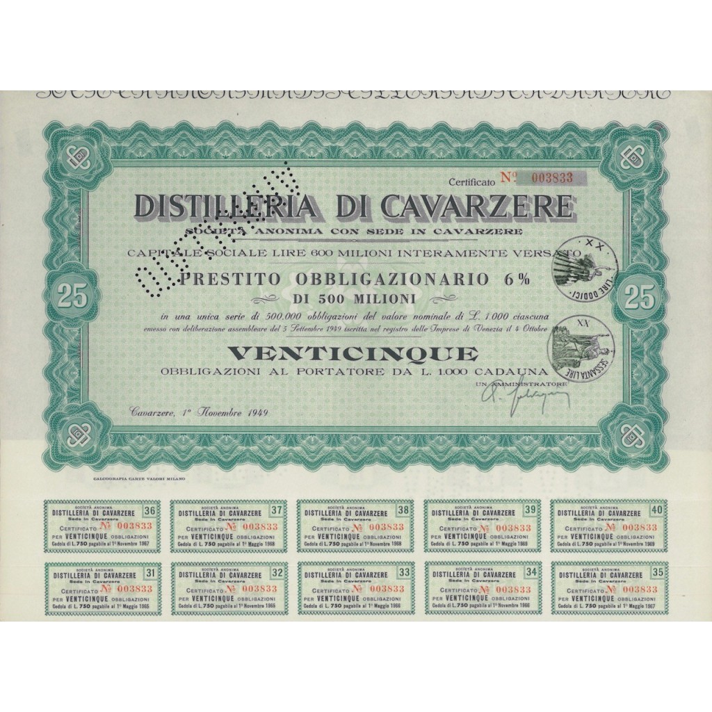 DISTILLERIE DI CAVARZERE - 25 OBBLIGAZ. CAVARZERE 1949