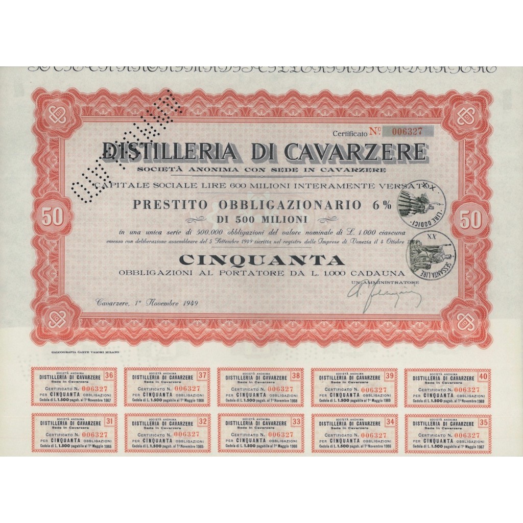 DISTILLERIE DI CAVARZERE - 50 OBBLIGAZ. CAVARZERE 1949