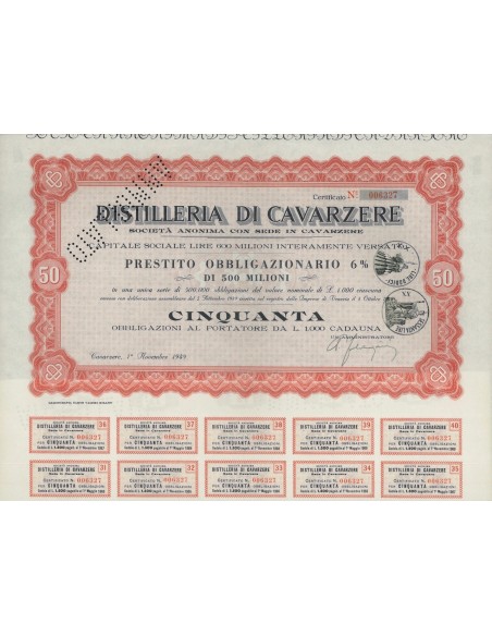 DISTILLERIE DI CAVARZERE - 50 OBBLIGAZ. CAVARZERE 1949