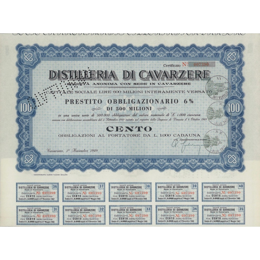 DISTILLERIE DI CAVARZERE - 100 OBBLIGAZ. CAVARZERE 1949