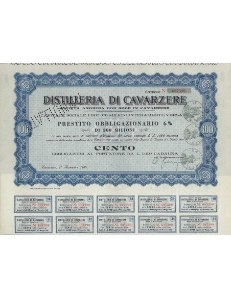 DISTILLERIE DI CAVARZERE - 100 OBBLIGAZ. CAVARZERE 1949
