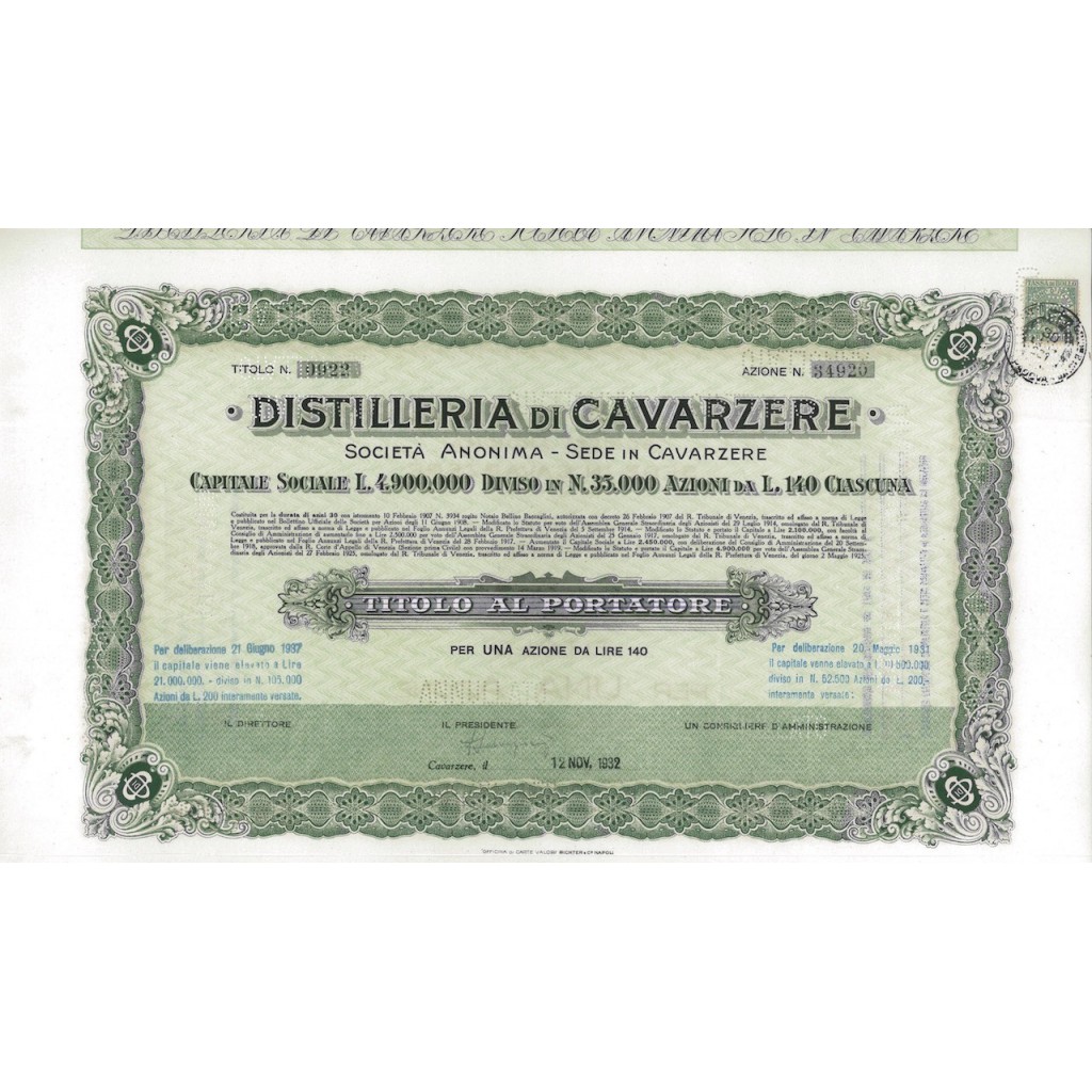 DISTILLERIE DI CAVARZERE - 1 AZIONI CAVARZERE 1932