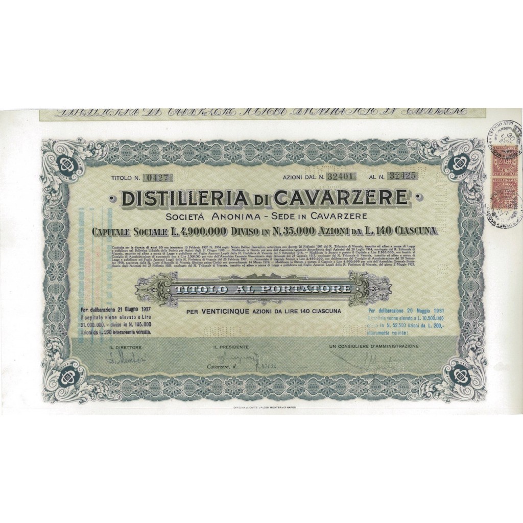 DISTILLERIE DI CAVARZERE - 25 AZIONI CAVARZERE 1932