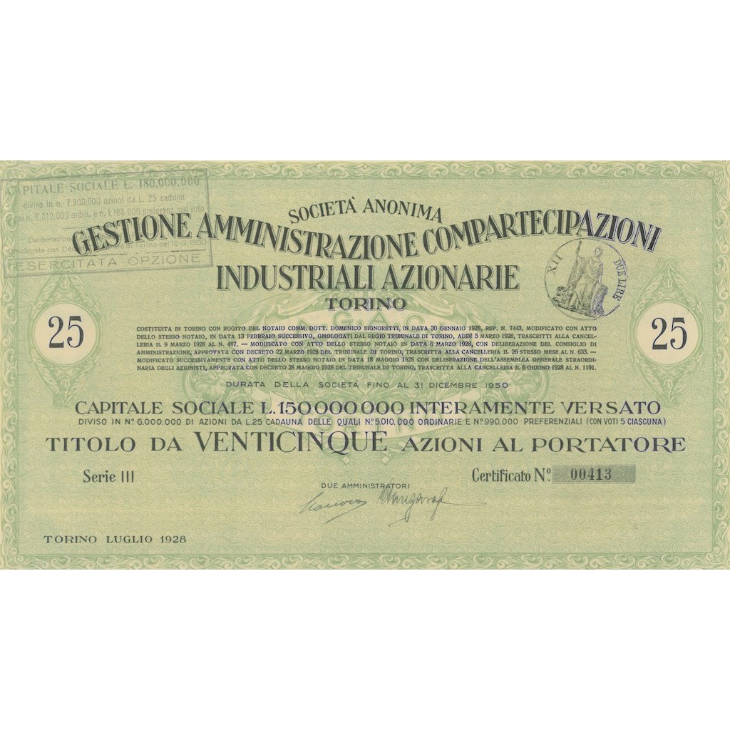 GESTIONE AMMINISTRAZIONE COMPARTECIPAZIONI INDUSTRIALI 25 AZIONI TORINO 1928