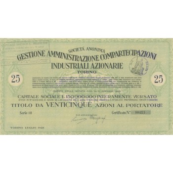 GESTIONE AMMINISTRAZIONE COMPARTECIPAZIONI INDUSTRIALI 25 AZIONI TORINO 1928