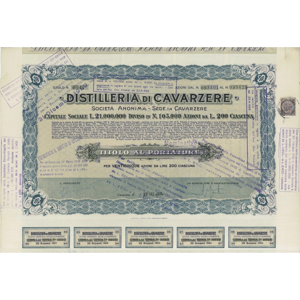 DISTILLERIE DI CAVARZERE - 25 AZIONI CAVARZIERE 1938