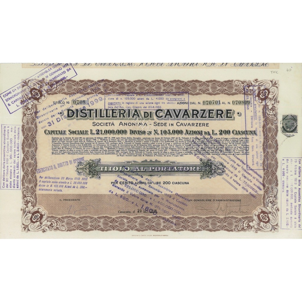 DISTILLERIE DI CAVARZERE - 100 AZIONI CAVARZERE 1938