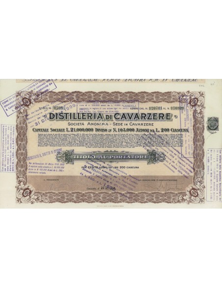 DISTILLERIE DI CAVARZERE - 100 AZIONI CAVARZERE 1938