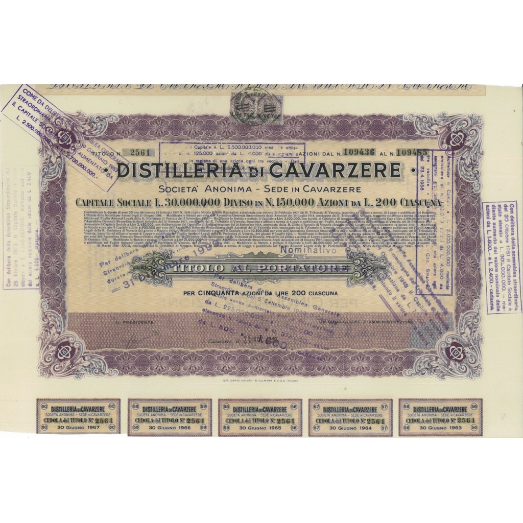 DISTILLERIE DI CAVARZERE - 50 AZIONI CAVARZERE 1940