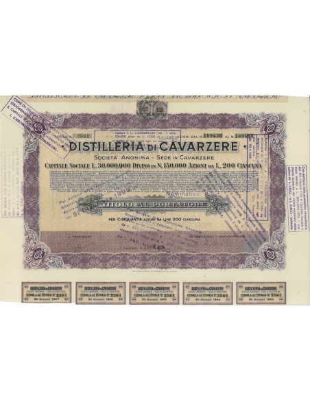 DISTILLERIE DI CAVARZERE - 50 AZIONI CAVARZERE 1940