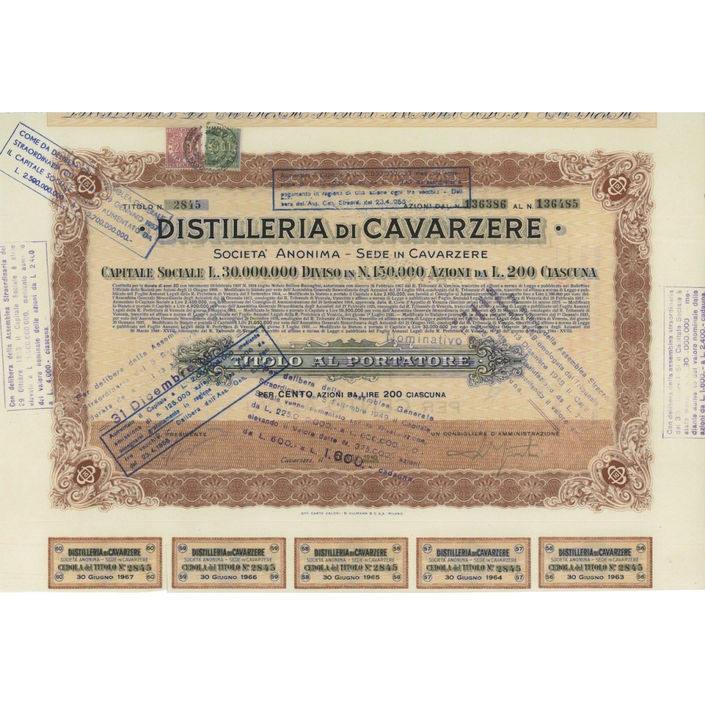 DISTILLERIE DI CAVARZERE - 100 AZIONI CAVARZERE 1940
