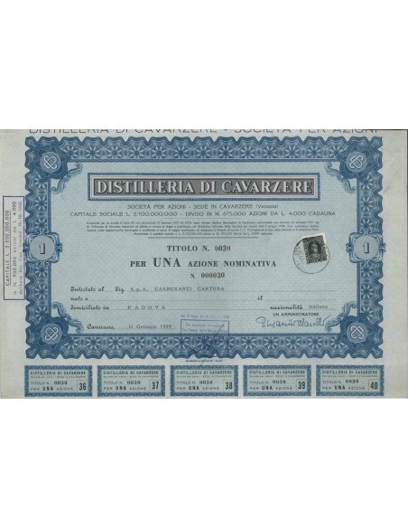 DISTILLERIE DI CAVARZERE - 1 AZIONE CAVARZERE 1949