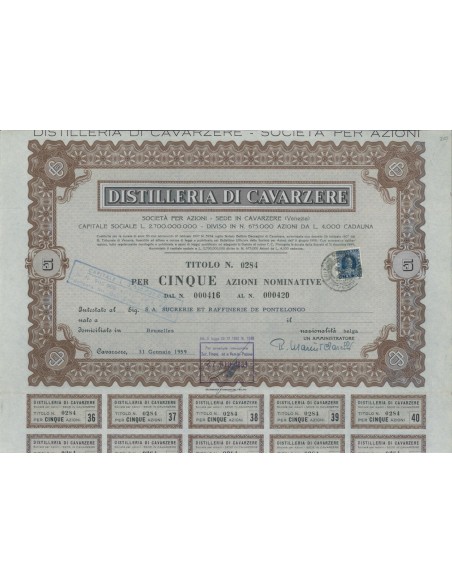 DISTILLERIE DI CAVARZERE - 5 AZIONI CAVARZERE 1959