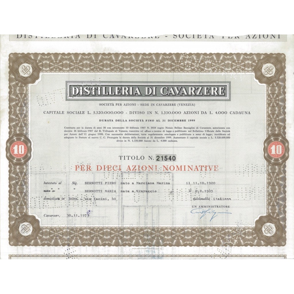 DISTILLERIE DI CAVARZERE - 10 AZIONI CAVARZERE 1973