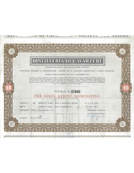 DISTILLERIE DI CAVARZERE - 10 AZIONI CAVARZERE 1973