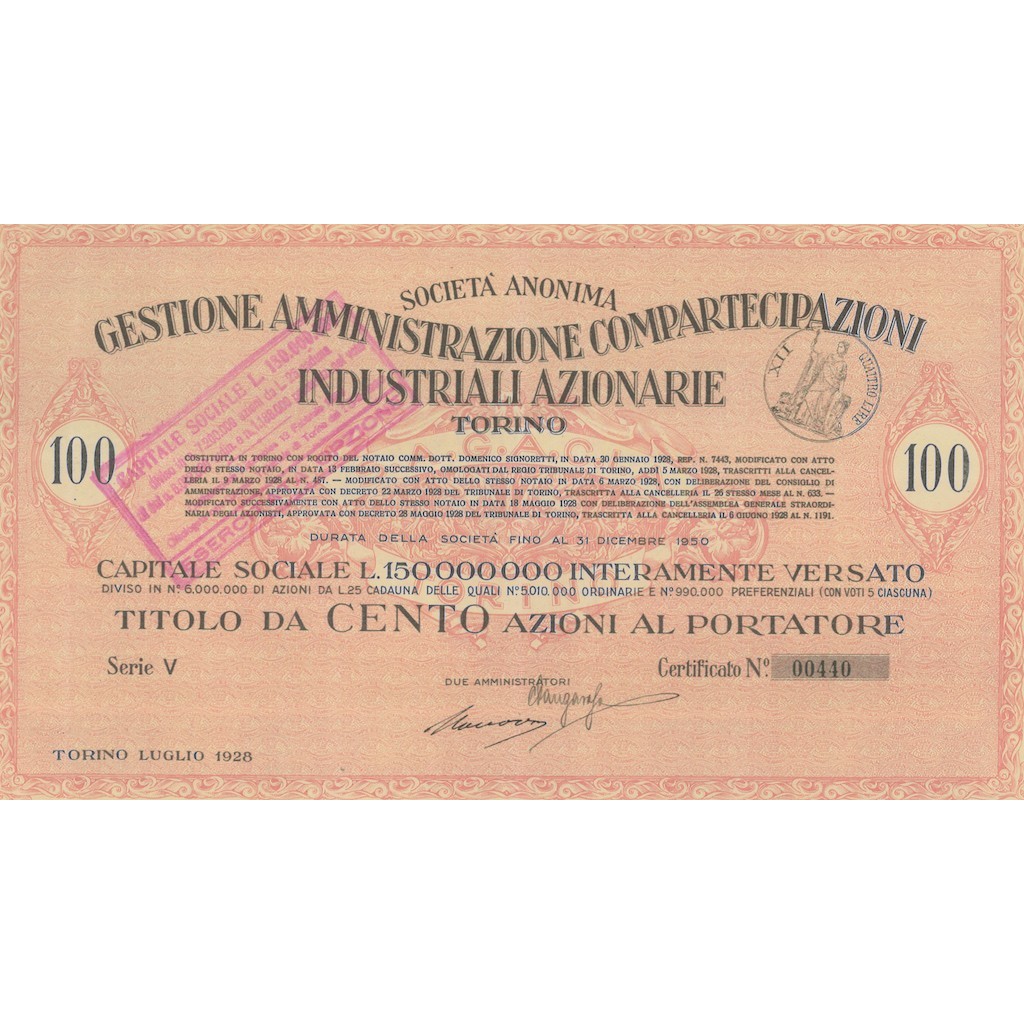 GESTIONE AMMINISTRAZIONE COMPARTECIPAZIONI INDUSTRIALI 100 AZIONI TORINO 1928