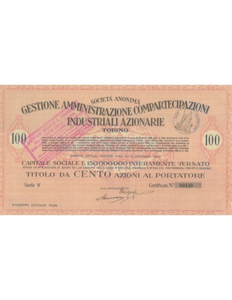 GESTIONE AMMINISTRAZIONE COMPARTECIPAZIONI INDUSTRIALI 100 AZIONI TORINO 1928