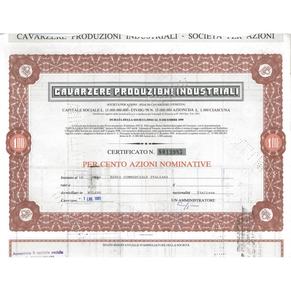 DISTILLERIE DI CAVARZERE - 100 AZIONI CAVARZERE 1981