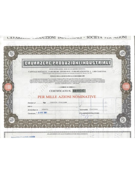 DISTILLERIE DI CAVARZERE - 1000 AZIONI CAVARZERE 1981