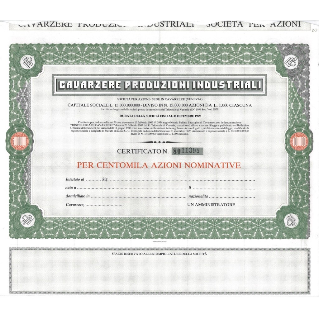 DISTILLERIE DI CAVARZERE - 100000 AZIONI CAVARZERE 1907